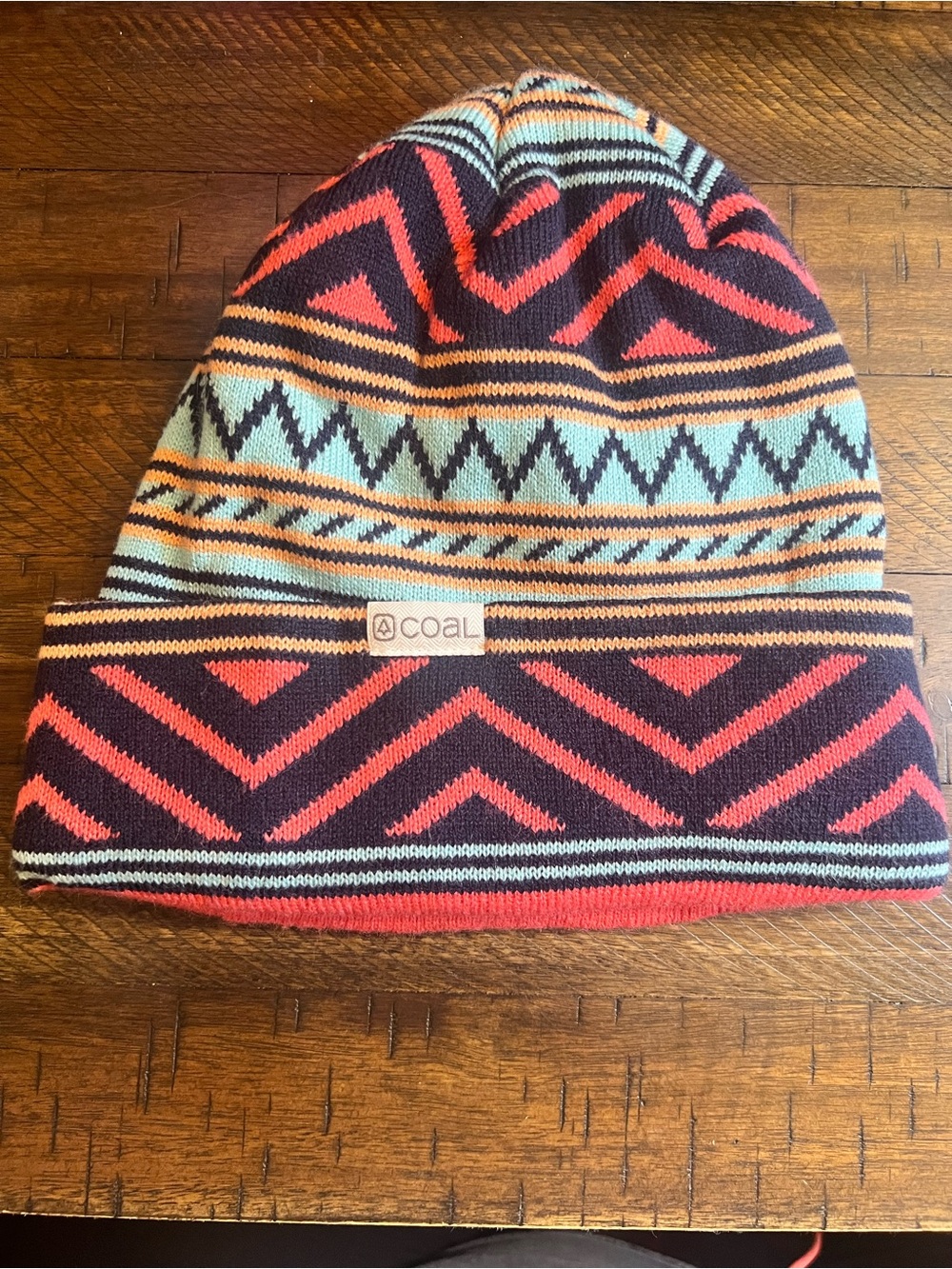 Coal Patterned Knit Beanie - Coral, Black & Mint